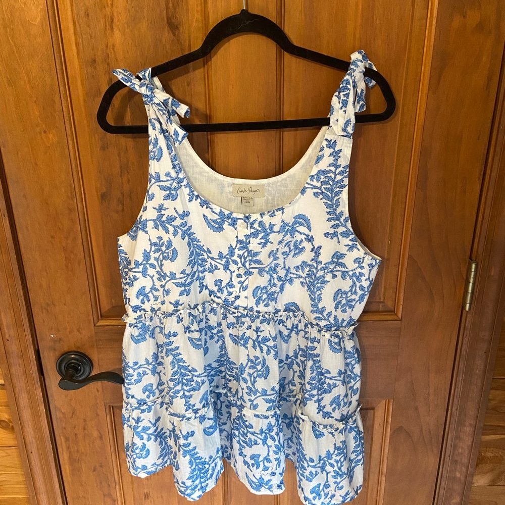 Charlie Paige Blue and White Tiered Tie Front Tank Top